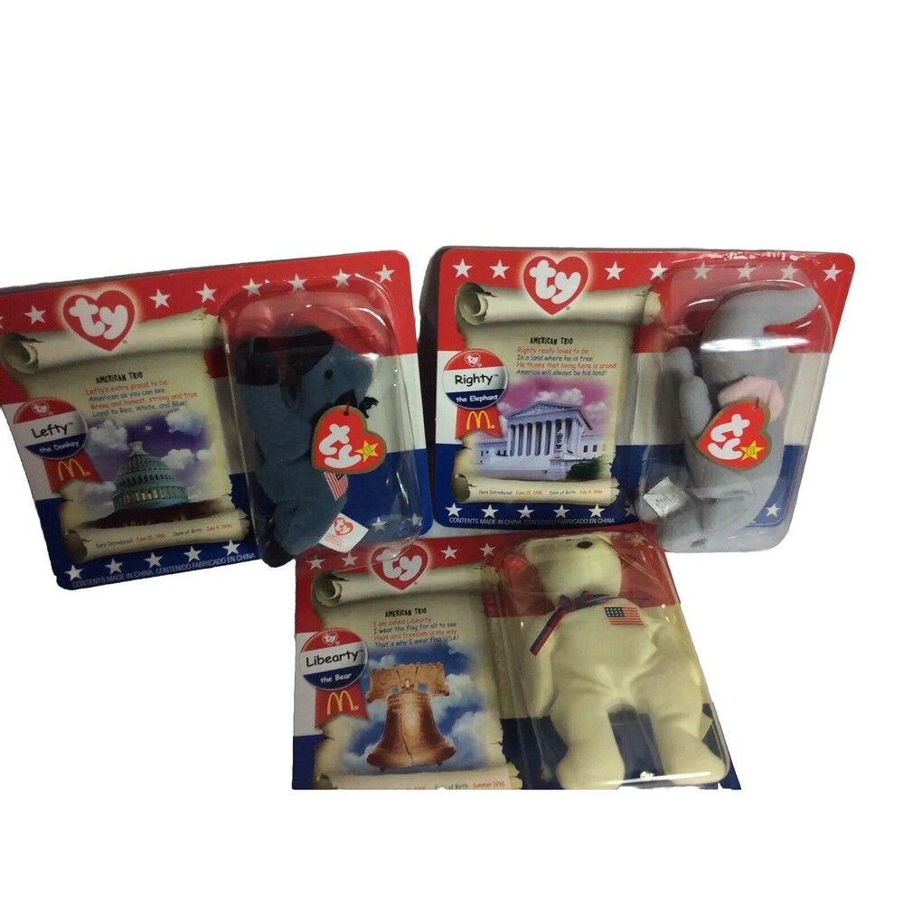 Lot of 3 Ty Beanie Babies American Trio McDonald's 1996 Libearty Righty, Lefty,